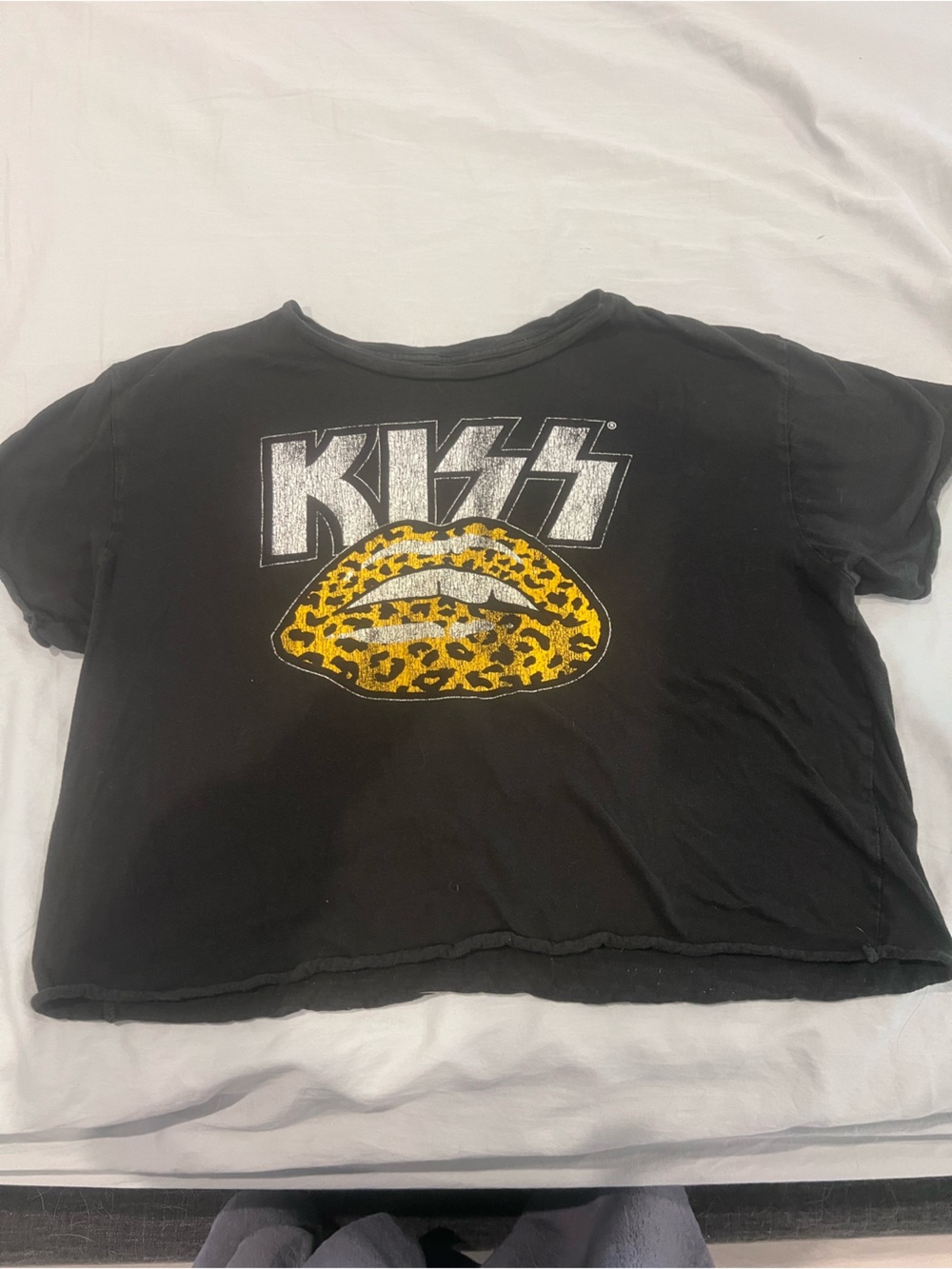 Kiss Band Tee with Yellow Leopard Lip Graphic - Black